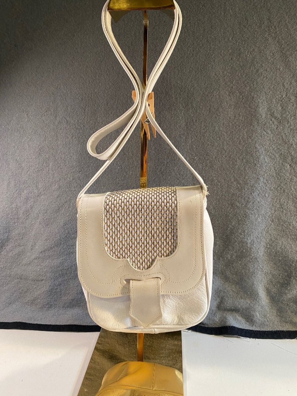 Maxx New York Vintage Cream Leather Woven Crossbody Saddle Bag Purse